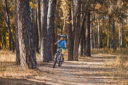 kid on a bicycle in the sunny forest. boy cycling outdoors in helmetの写真素材