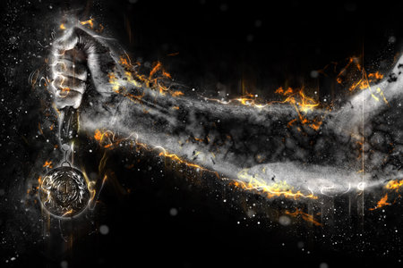 Mans hand in a fire is holding gold medal. Winner in a competition.