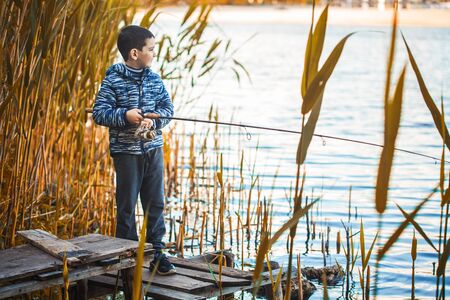 Cute boy catches fish on a summer lake.の写真素材