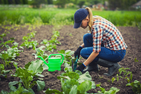 farmer girl at work in the garden. Organic farmingの写真素材