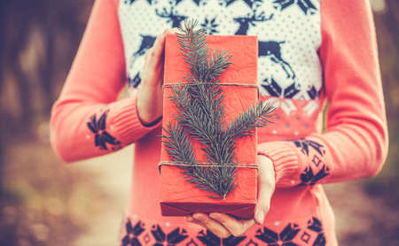 Female Holding Rustic Decorated Christmas Gift with tree branchの写真素材