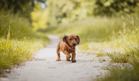 Red dachshund walking in the park. cute puppy on the summer forest backgroundの写真素材