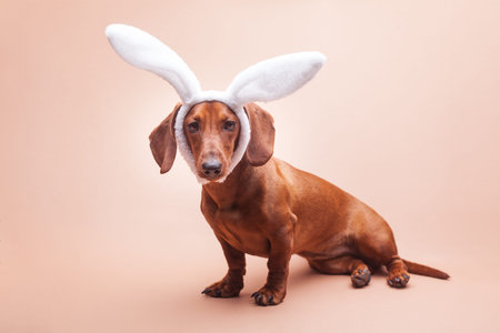 funny dachshund on a beige background with white rabbit ears. Easter concept, studio photo
