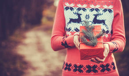 Female Holding Rustic Decorated Christmas Gift with tree branchの写真素材