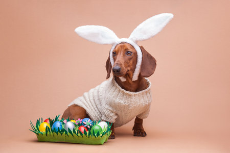 funny dachshund in a knitted sweater on a beige background with white rabbit ears. Easter conceptの写真素材