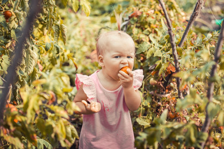 cute baby eating tomato in garden, carefree childhoodの写真素材