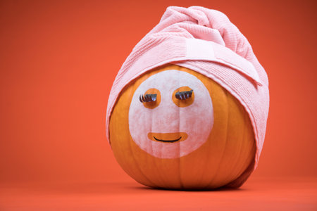 Pumpkin with facial mask and towel on the orange. copy spaceの写真素材