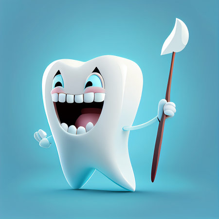 funny cartoon 3D tooth on a blue backgroundの素材