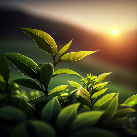 fresh tea shoots grow on a mountain plantationの素材