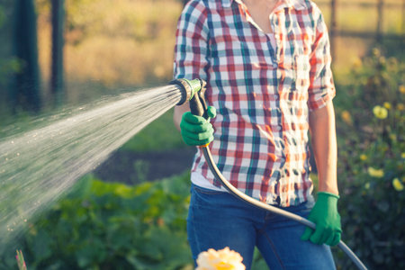 young woman watering flowers from a hose with a sprayer in the garden on a sunny summer day.の写真素材