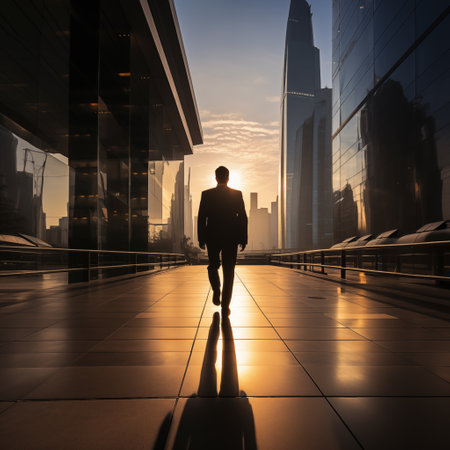 Silhouette of business man among glass skyscrapers in the rays of the setting sunの素材