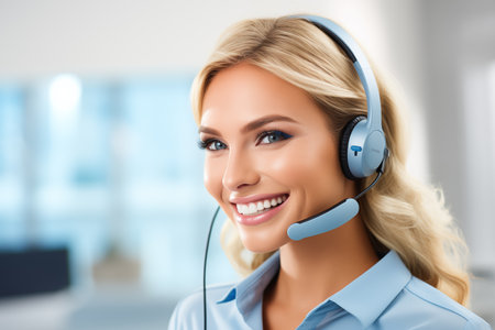 Customer service representative talking through headsetの素材