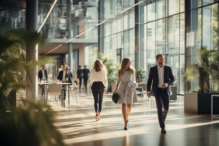 people is walking in blurred motion in modern office space. Bright business concept, Generative AI Illustrationの素材
