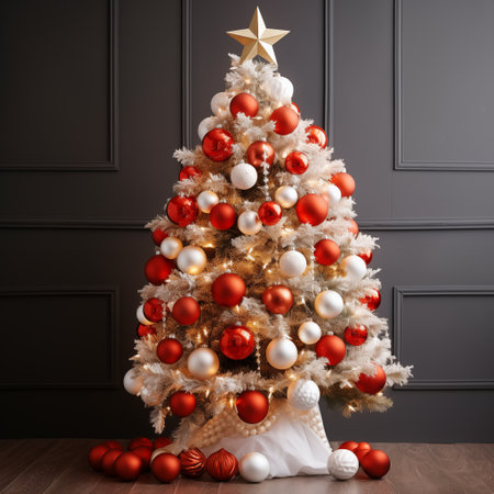 Christmas tree, with red and white balls and boxesの素材