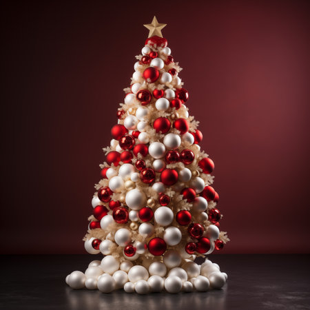 Christmas tree, with red and white balls and boxesの素材