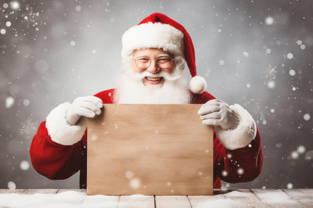 Smiling Santa Claus pointing on blank advertisement banner background with copy spaceの素材