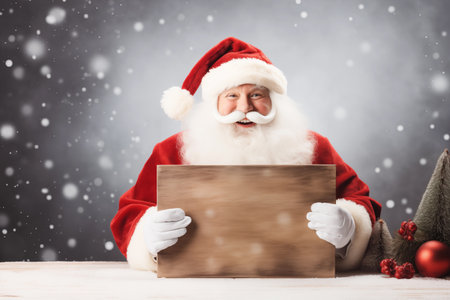 Smiling Santa Claus pointing on blank advertisement banner background with copy spaceの素材