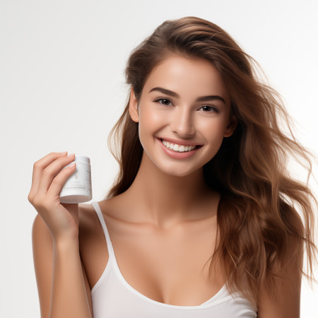 girl with a jar of face cream in her hands, studio photoの素材