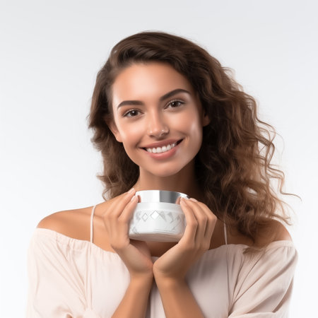girl with a jar of face cream in her hands, studio photoの素材