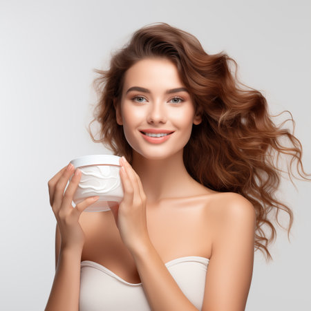 girl with a jar of face cream in her hands, studio photoの素材