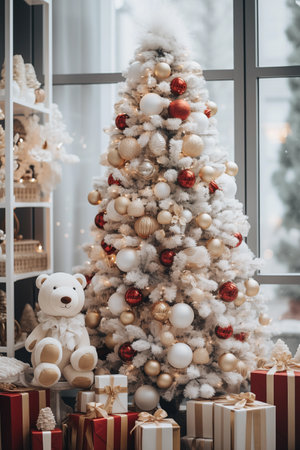 Christmas tree, with red and white balls and boxes with gifts in a bright roomの素材