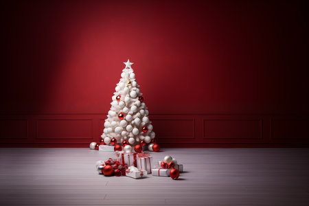 Christmas tree, with red and white balls and boxesの素材