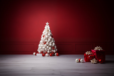 Christmas tree, with red and white balls and boxesの素材