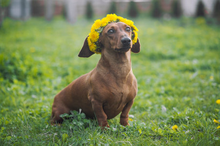 red dachshund in a green flowery meadowの写真素材