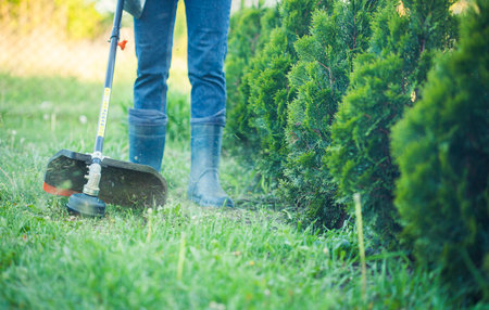 worker mows green grass on the lawn with hand trimmer. lawn care. weed control. Woman with gasoline mower cutting grass. Grass trimmer worker, garden work.の写真素材