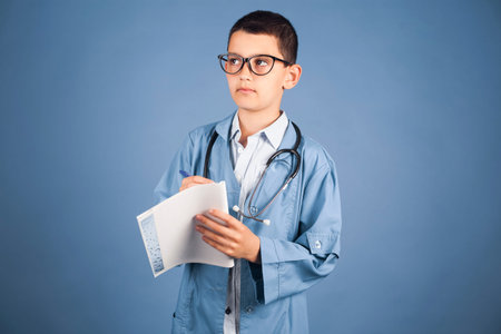 brunette boy doctor in a medical gown with a stethoscope prescribes treatment and writes a...