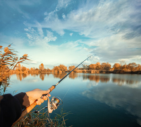 Fishing with spinning for a predator on a picturesque autumn lake. A hand with a fishing rod, first-person viewの写真素材