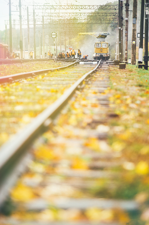 The yellow train on the tracks in the fall leaves under the October sun and bright colors of natureの写真素材