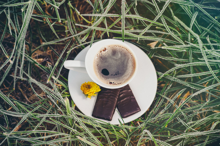 Cup of coffee with chocolate on the frozen grass covered with frostの写真素材