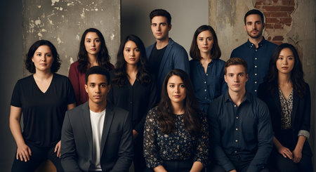 A group of ten young adults, diverse in ethnicity and gender, are captured in a formal, posed photograph, looking directly at the camera.の素材