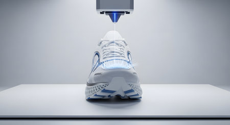 A close-up shot of a 3D printer nozzle depositing material onto a white sneaker, showcasing advanced manufacturing technology.の素材