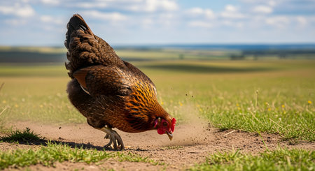 A single brown chicken pecks at the ground in a rural setting. The chicken is in focus, with a blurred background of a grassy field and sky.の素材