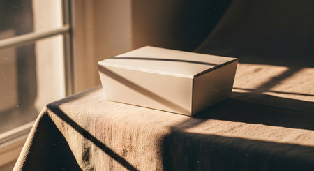 A simple, modern cardboard box sits on a textured wooden surface, illuminated by soft sunlight streaming through a nearby window.の素材