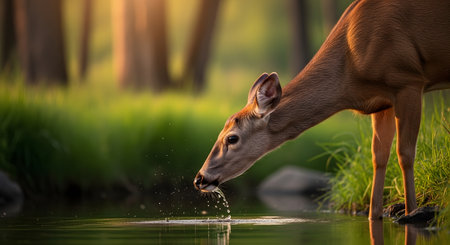 A close-up of a deer drinking water from a stream in a forest during golden hour.の素材