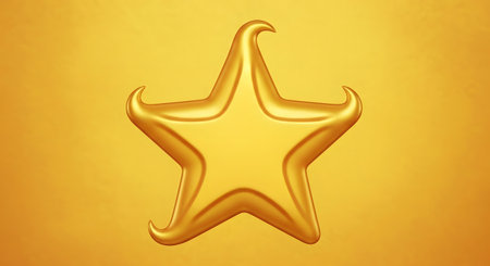 A close-up of a lustrous golden star with elegant curves, set against a warm, textured yellow backdrop.の素材