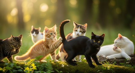 A heartwarming scene featuring a diverse group of cats and kittens playing together in a sun-dappled forest setting.の素材
