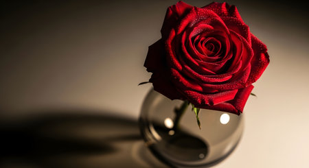 A close-up shot of a vibrant red rose in a clear glass vase, casting a long shadow. The lighting is dramatic and moody.の素材