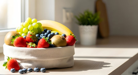A close-up shot of a white bowl overflowing with a variety of colorful fruits, including strawberries, blueberries, grapes, kiwi, and a banana, bathed in natural sunlight.の素材
