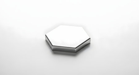 A clean, minimalist image of a hexagonal object with a silver or metallic finish, isolated on a plain white surface.の素材