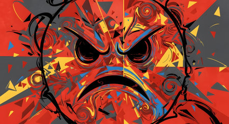 A close-up, abstract depiction of an angry emoji face, rendered with vibrant, chaotic splashes of red, yellow, and blue against a dark background.の素材