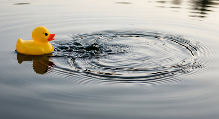 A single yellow rubber duck toy floats on the surface of the water, creating concentric ripples.の素材