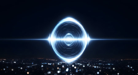 A vibrant blue energy ring with concentric circles pulsates with light, hovering above a dark, bokeh-lit cityscape.の素材