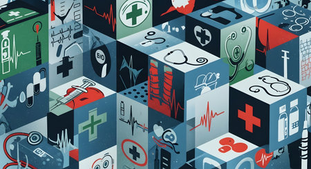 A visually striking abstract pattern composed of cubes featuring various medical and healthcare icons, creating a modern and dynamic background.の素材