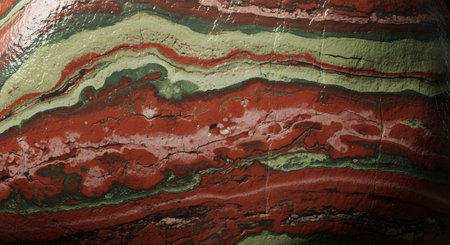 Close-up view of a polished agate stone revealing intricate layers and bands of red, green, and white.の素材