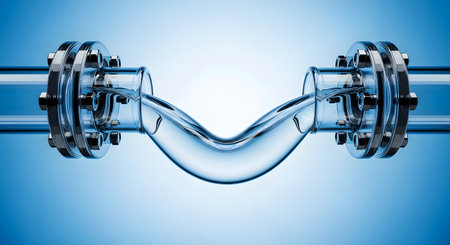 A close-up, abstract shot of a curved glass tube filled with clear liquid, set against a blue gradient background.の素材