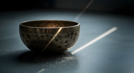 A close-up shot of a Tibetan singing bowl, its textured surface catching the light, casting a dramatic shadow and reflection.の素材